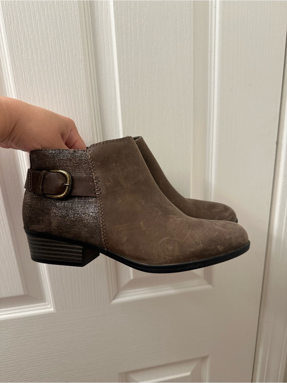 Clarks Taupe Brown Ankle Booties with Buckle Detail